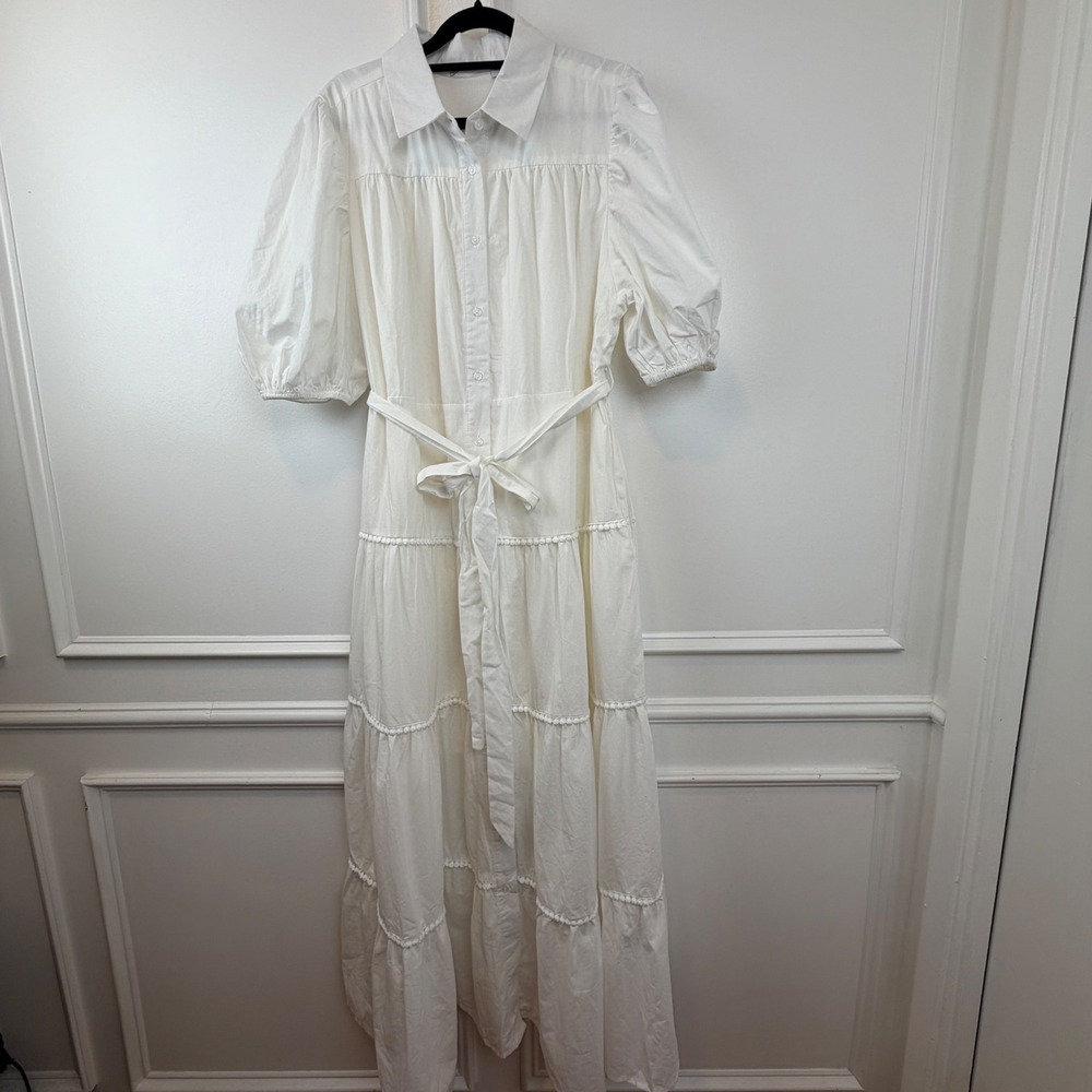 White Cotton Tiered Maxi Dress Puff Sleeve Pom Pom Trim Belted Size L